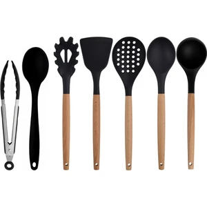 Kitchen Design Lab Siyah Bambu Silikon Set - Kepçe, Kaşık, Kevgir, Makarna, Açılı Spatula, Silikon Kaşık, Metal Maşa 7 li Set