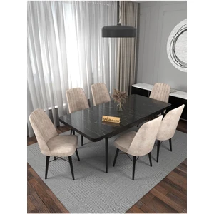 Kaffa Home Riff Lotus 80X130 Açılır Mutfak Masası Yemek Masası Masa Sandalye Takımı 6 Krem Sandalye