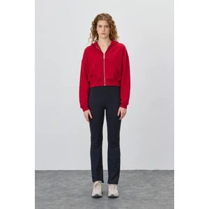 Kadın Kapüşonlu Şardonlu Kırmızı Renk Crop Sweatshirt Hırka