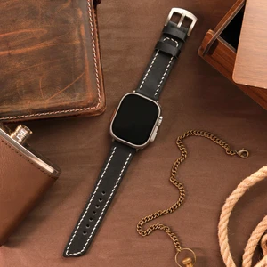 Apple Watch 42 / 44 / 45 / 49 mm Ultra Ultra 2 Uyumlu Deri Kordon Seri 9 8 7 6 5 4 3 Uyumlu Hakiki Deri Kayış Siyah