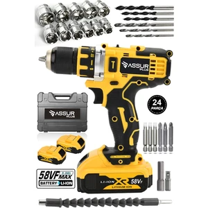 ASSUR PLUS Matkap 58vf 5ah Li Sjs Çift Metal Şanzuman Çift Akülü Şarjlı Matkap 24 Parça Set Hediyeli