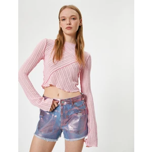 Ekstra Mini Kot Şort Metalik Baskı Detaylı Slim Fit Püsküllü Paça