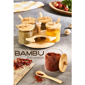 5li Bambu Standlı ve Kaşıklı Cam Baharatlık