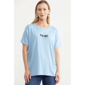 Dökümlü Baskılı Penye Tişört - Mavi