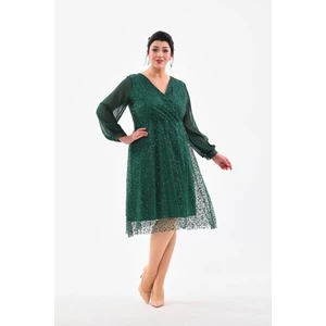 Işıltı Abiye Abiye Payet Kruvaze Yaka Şifon Kol Detay Esnek Payet Midi Abiye Elbise 3083