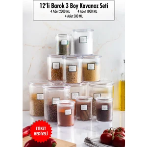 EW's Kitchenware 12'li Barok Yuvarlak 3 Boy Kavanoz Seti & Saklama Kabı & Erzak Kabı (4*2000 Ml, 4*1000 Ml, 4*500 Ml)