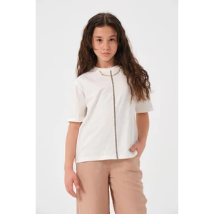 Genç Kız Çocuk Zincir Kolye Detaylı Baskılı T-Shirt