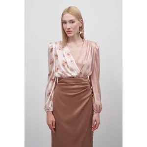 Çift Desenli Kruvaze Bodysuit Bluz - Vizon