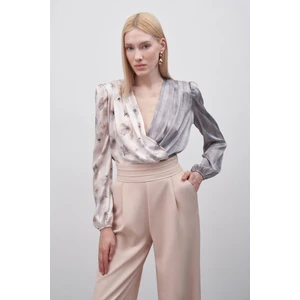 Çift Desenli Kruvaze Bodysuit Bluz - Gri