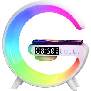 15W G Şekli LED Kablosuz Şarj Özellikli Hoparlör Renk Değiştirme Zamanlayıcı Çalar Saat Şarj Standı, Yatak Odası Için Başucu Masa Lambası ve Hoparlör