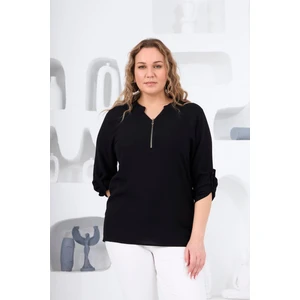 Hscstore Kadın Yaka Fermuar Detaylı Büyük Beden Siyah Bluz- O6326B