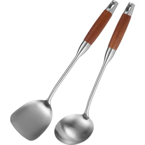 Karbon Çelik Için Paslanmaz Çelik Spatula, Paslanmaz Çelik Wok Spatula Metal, Wok Alet Seti, Ahşap Saplı Çorba Kepçesi (Yurt Dışından)