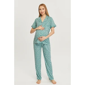 Penye Önden Düğmeli Hamile Lohusa Kısa Kol Pijama Takımı , Cotton
