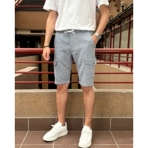Erkek, Bel Lastikli, Kargo Cepli, Pamuklu, Keten Dokuma, Bağcıklı Şort 24INP287