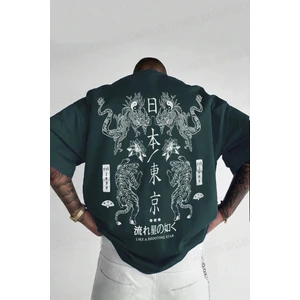 Teenage Millionaire Erkek Dragon Baskılı Petrol Yeşili Bisiklet Yaka Oversize Salaş T-Shirt