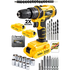 Lieber German Teknoloji 512 Vf 25 Ah 27 Parça Set Titanyum Motor 2x Akülü Şarjlı Vidalama Matkap