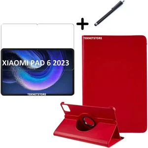 TEKNETSTORE Xiaomi Pad 6 11 Inç Uyumlu 360° Dönebilen Standlı Tablet Kılıfı Ekran Koruyucu ve Kalem Seti Kırmızı