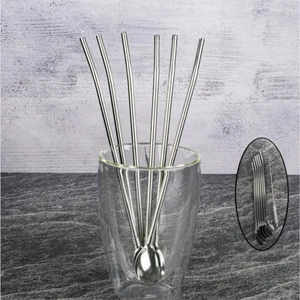 Adin Tasarım Kaşıklı Çelik Pipet 6lı + Fırça Kokteyl Karıştırıcı Kokteyl Kaşığı Bar Koktely Kaşığı 6lı