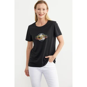 Kısa Kol Baskılı Basic Tişört - Siyah