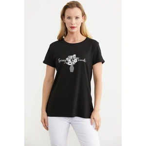 Çiçek Baskılı Regular Fit Tişört - Siyah
