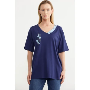 Nakışlı Renk Kombinli Tişört - Indigo