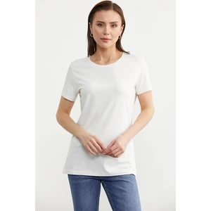 Sıfır Yaka Kısa Kol Basic Tişört - Ekru