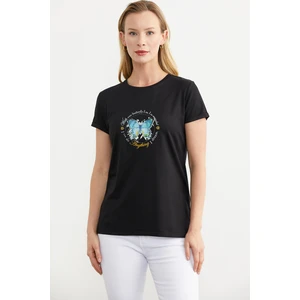 Kelebek Baskılı Penye Tişört - Siyah