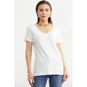 Açık Yaka Dökümlü Penye Tişört - Ekru