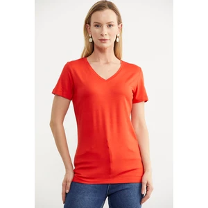 V Yaka  Dökümlü Basic Tişört - Mercan