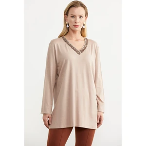 Yaka Detaylı Uzun Kol Tişört - Bej