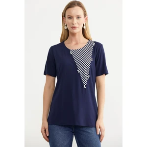 Çizgi Kombinli Dökümlü Bluz - Lacivert