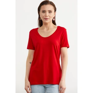 Açık Yaka Dökümlü Penye Tişört - Kırmızı