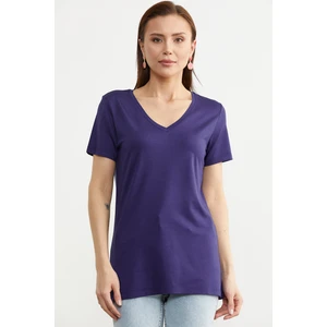 V Yaka  Dökümlü Basic Tişört - Lacivert