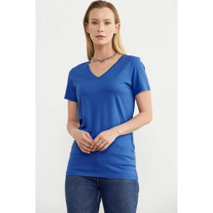 V Yaka  Dökümlü Basic Tişört - Saks