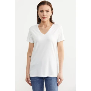 V Yaka  Dökümlü Basic Tişört - Ekru