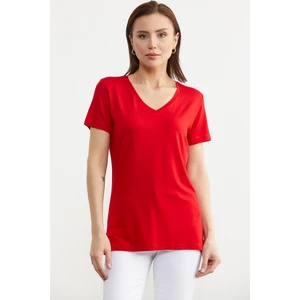V Yaka  Dökümlü Basic Tişört - Kırmızı