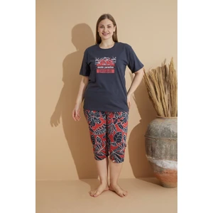 Kadın Penye Lacivert Baskılı Kapri - Bermuda Büyük Beden Pijama Takımı