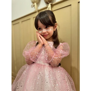 Yıldız Baskılı Pırıltılı Pembe Tül Elbise Toka Set