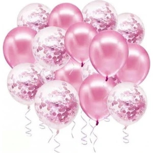 Parti Furyası Pembe Konfetili Şeffaf Balon Ve pembe Balon Seti  20 Adet 