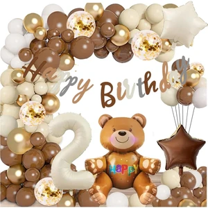 Parti Furyası Kahve Tonlar Ayıcıklı Balon 2 yaş Doğum Günü Parti Seti, Retro Renkler Ayı Folyo Balon 2 Yaş Kutlama Seti