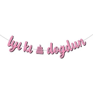 Parti Furyası Kaligrafi Banner iyiki Doğdun-Pembe+Iyiki Doğdun Italik Yazı Asma Süs