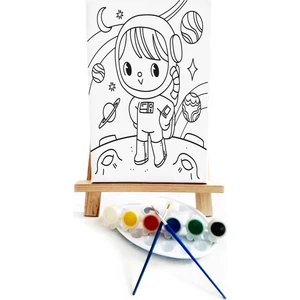 Lila Fil Minik Astronot Çocuk Ressam Seti 20 x 30 cm Ön Çizimli Tuval 2 Adet Fırça Palet Boyalar ve Şövale