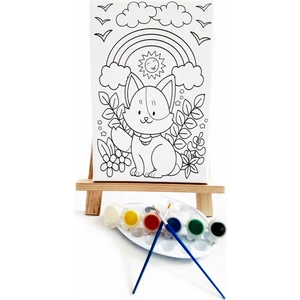 Lila Fil Maskeli Kedi Çocuk Ressam Seti 20 x 30 cm Ön Çizimli Tuval 2 Adet Fırça Palet Boyalar ve Şövale