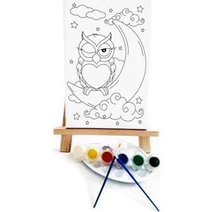 Lila Fil Uykucu Baykuş Çocuk Ressam Seti 20 x 30 cm Ön Çizimli Tuval 2 Adet Fırça Palet Boyalar ve Şövale