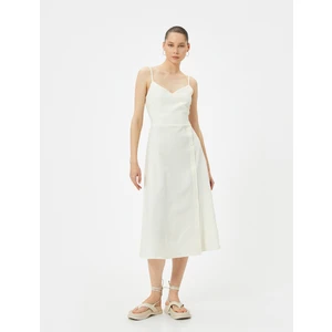 Midi Keten Elbise Kruvaze Yaka Düğme Detaylı Ince Askılı