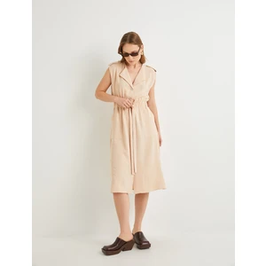 Midi Gömlek Elbise Beli Kuşaklı Düğmeli Cepli Apoletli