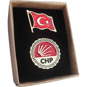 Caca Tasarım Türk Bayrağı ve Chp Yazılı Metal Gold Yaka Rozeti 2'li Set Hediye Kutusunda