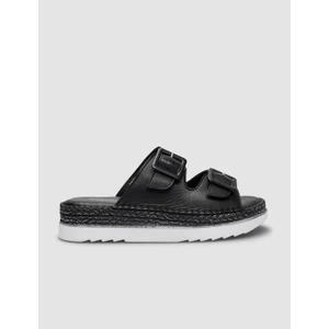 %100 Hakiki Deri Siyah Çift Tokalı Kadın Terlik