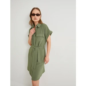 Gömlek Elbise Beli Kuşaklı Düğmeli Cepli