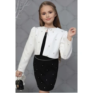 Kız Çocuk Üzeri Taş Işlemeli Etek Askılı Penye Bluz ve Beyaz Blazer Ceket Etekli Takım